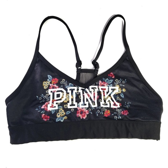 VS Pink Sport Ultimate Lightly Lined Low Impact Bra M Black Floral Logo - Picture 1 of 6